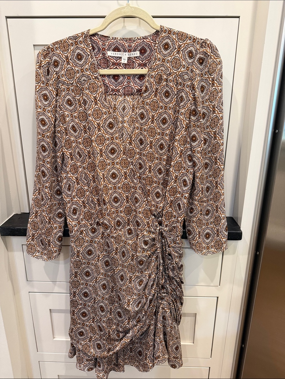 Veronica Beard Brown and Cream Geo-Print Midi Wrap Dress,size 8